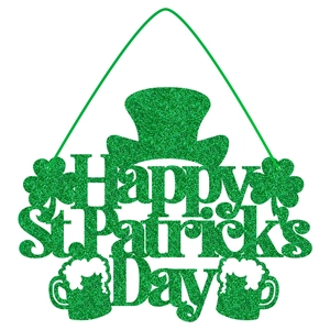 Glitter St. Patrick's Day door hanger with green shamrock hat and beer cup design