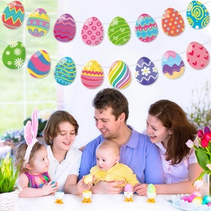 Easter party banner featuring 16 colorful patterned eggs and a happy family scene