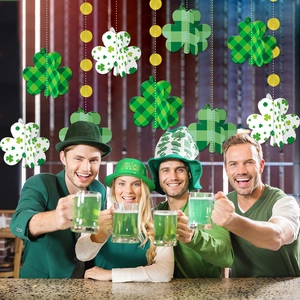 St. Patrick's Day shamrock hanging decorations with festive party scene and lucky charms