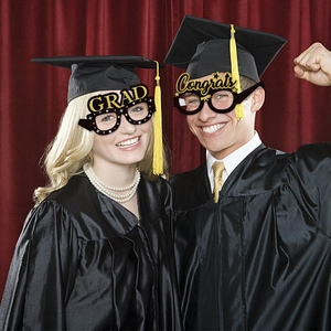 Graduation party eyewear with gold glitter 'GRAD' and 'Congrats' letters for graduates