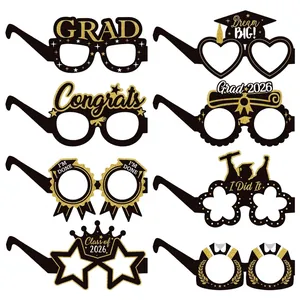 Graduation Party Photo Booth Props Glasses Black Gold Glitter Paper Eyeglasses For Congrats Grad Class Of 2026 Celebration