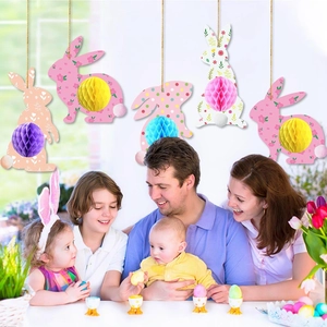 Easter bunny honeycomb pendant set with five colorful paper hanging decorations for party
