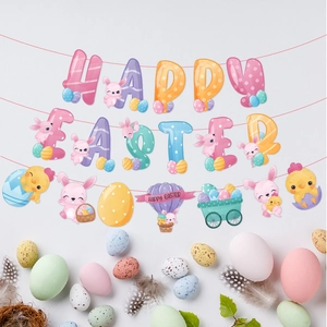 Happy Easter party banner with colorful letters, rabbits and eggs decorations