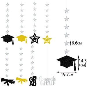 Glitter graduation hanging decorations with stars and grad caps for party backdrop