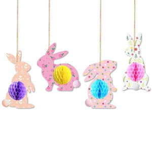 Set of 4 Easter bunny honeycomb hanging decorations with colorful 3D paper balls