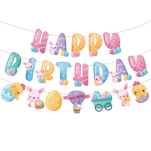 Easter Happy Birthday banner with colorful bunny and egg cards on white background