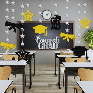 Graduation party decoration set with stars, mortarboard caps and Congrats GRAD banners
