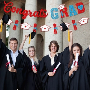 Nurse graduation banner with red and blue glitter Congrats Grad letters and medical motifs