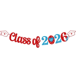 Glittering Class of 2026 Nurse Graduation Banner with Red and Blue Party Decor