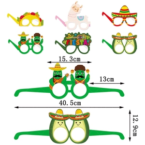 Mexican Fiesta party glasses set featuring taco and cactus designs with size dimensions