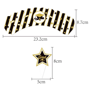Graduation cupcake wrappers and glitter star toppers set with detailed size dimensions