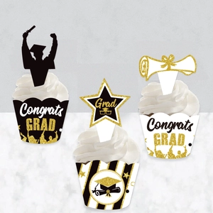 Graduation cupcake toppers and wrappers set with black gold glitter party motifs