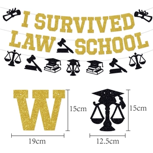 Law School Graduation Banner featuring gold glitter I SURVIVED LAW SCHOOL letters and icons