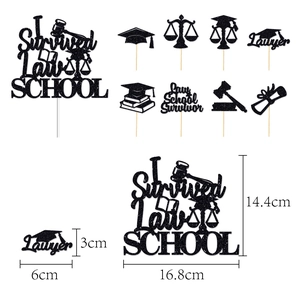 Detailed size view of black glitter Law School graduation cake toppers set with lawyer icons