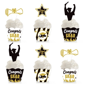 Graduation Cupcake Toppers And Wrappers Paper Glitter Congrats Grad Silhouette Theme Party Cake Decorations Black Gold