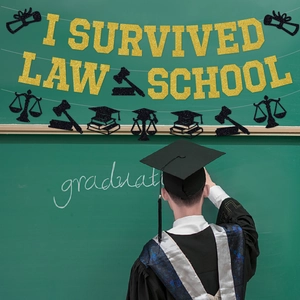Glittering Law School graduation banner featuring I Survived Law School text and symbols