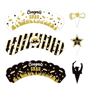 Black and gold glitter cupcake toppers and wrappers set for graduation party decoration