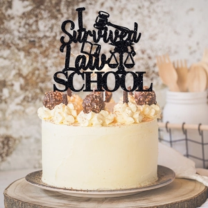 Law School graduation cake topper with black glitter and legal icons for party decor
