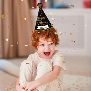 Personalized black and gold Happy New Year party hat with tinsel and custom name