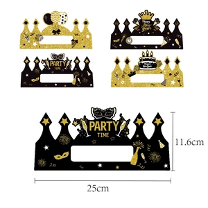 2026 New Year party crown hats in black and gold with Happy New Year party patterns