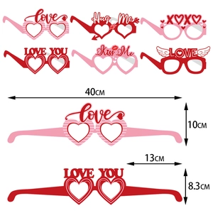 Valentine's Day party paper glasses set with heart designs and size measurements