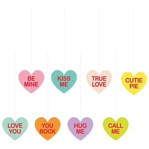 Set of 8 colorful macaron heart hanging decorations with romantic English phrases