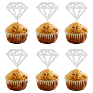Set of sparkling silver glitter diamond cupcake toppers for wedding and party decorations