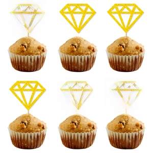 Set of 6 glittery gold diamond-shaped cupcake toppers for wedding and party decorations
