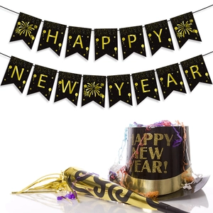 Gold foil Happy New Year banner set with black cards and matching party accessories