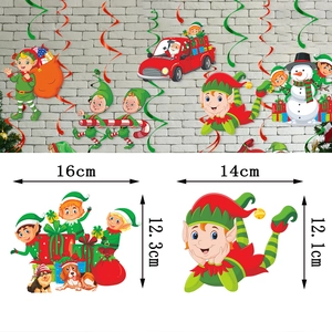 Detail of Christmas hanging swirls with cartoon elf snowman and car decor with dimensions