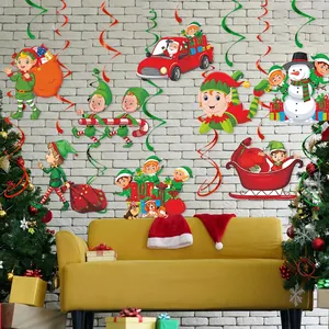 Christmas party swirl decorations with cartoon Santa, elf and snowman hanging cards