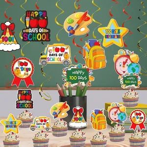 100 Days of School party decorations set with colorful hanging swirls and cupcake toppers