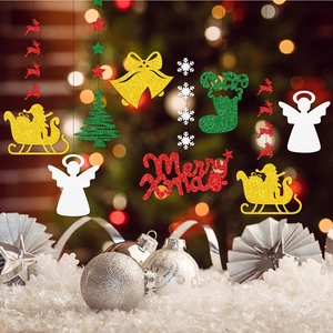 Glittery Christmas hanging ornaments set with reindeer tree and Merry Xmas lettering