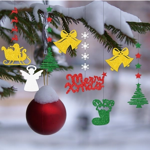 Christmas hanging decorations set with reindeer, Santa and trees on snowy pine branches