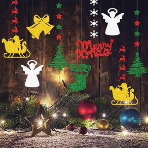 Christmas hanging decorations set featuring glitter reindeer tree and bells on wood background