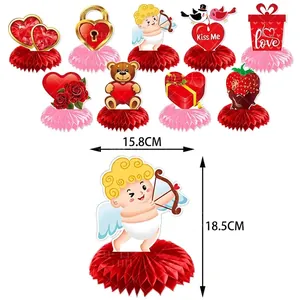 Valentine's Day bear theme honeycomb centerpieces set with hearts and Cupid designs