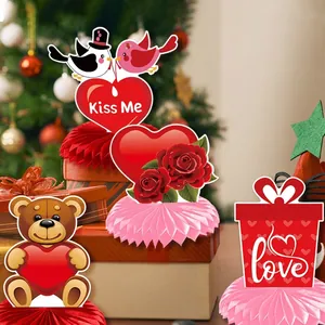 Valentine's Day teddy bear and heart honeycomb centerpieces for party table decoration