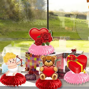 Valentine Bear and Heart Honeycomb Table Centerpieces for Romantic Party Decor