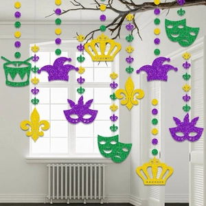 Glittery Mardi Gras hanging ornaments with mask and crown motifs in purple green gold