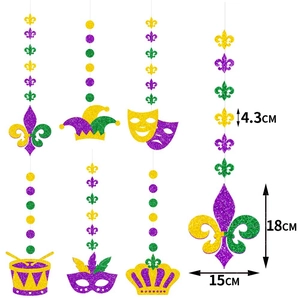 Mardi Gras purple gold green glitter paper garland hanging ornaments party decorations