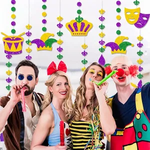 Glittery Mardi Gras themed hanging ornaments with crowns and masks for party decoration