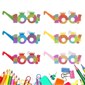 Detailed set of six colorful 100 days party glasses with pencils and school stationery decor