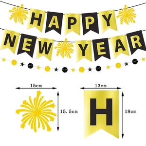 2026 Happy New Year banner with gold foil letters and glitter fireworks party decorations