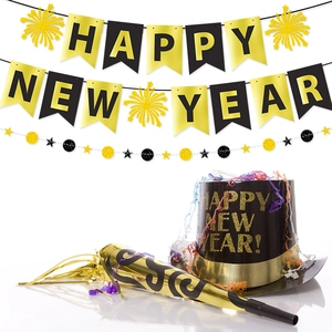 Black and gold Happy New Year banner set with party hats and festive horns decoration