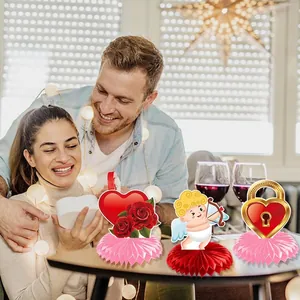 Valentine Bear Honeycomb Centerpieces with Heart, Cupid, and Padlock motifs for party decor