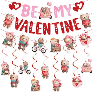 Valentine Day Cartoon Bear Banner Heart Spiral Pendant Glitter Paper Hanging Decoration Romantic Proposal Wedding Party Ornament