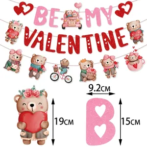 Valentine's Day banner set featuring glitter letters and cute teddy bear heart decorations
