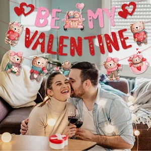 Glittery Be My Valentine banner with cute bears and hearts for romantic party decor