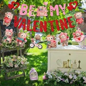 Valentine Bear Banner with glitter BE MY VALENTINE text for romantic party decoration