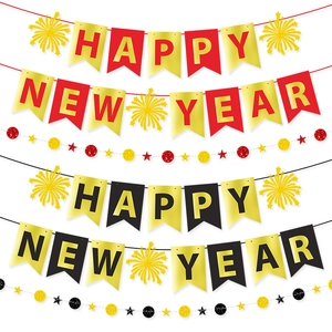 Happy New Year Banner Bronzing Paper Garland Glitter Fireworks Hanging Decoration For Eve Party Celebration Supplies